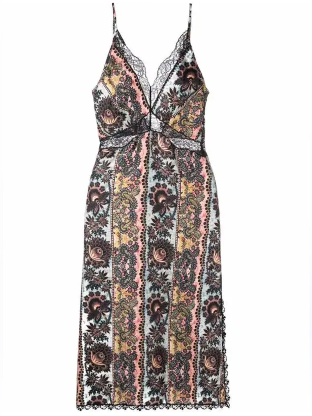 Sandro Floral Lace-Trim Midi Dress in Black, Pink, Yellow